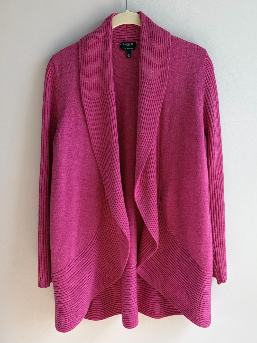 Talbots Cardigan Pink Open Front 100% Wool Business Casual Comfort EUC Petite L